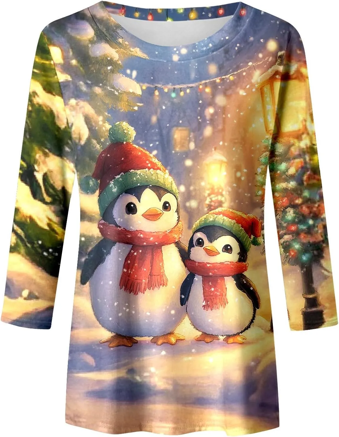 Womens Christmas Shirts Long Sleeve Funny Penguin Crewneck Sweatshirts Holiday Casual Graphic Pullover Sweaters