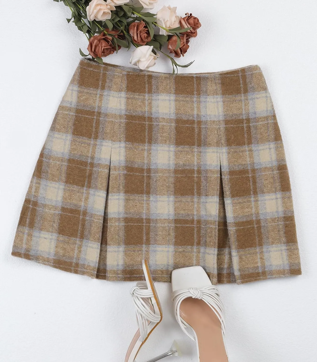 Women's Plaid Mini Skirt Zipper Side High Waisted Pleated A Line Short Skirt