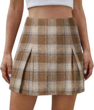 Women's Plaid Mini Skirt Zipper Side High Waisted Pleated A Line Short Skirt