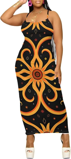 Womens Summer Casual Elegant Floral Print Long Slim Fit Sleeveless Slip Dress Spaghetti Strap Sexy Bodycon Maxi Dress