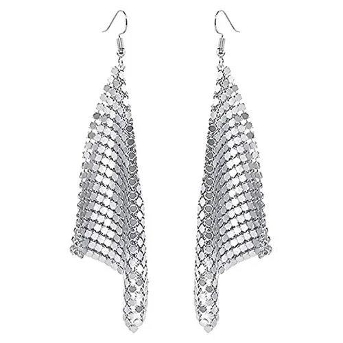 Yellow Chimes Tassel Earrings for Women Metallic Mesh Grid Sequins Silver Tassel Long Drop Earrings Women and Girls.