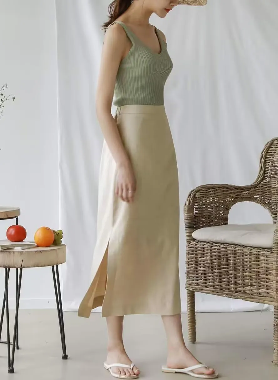 Ylingjun Womens High Waisted Straight Cotton Linen Long Skirt with Slit