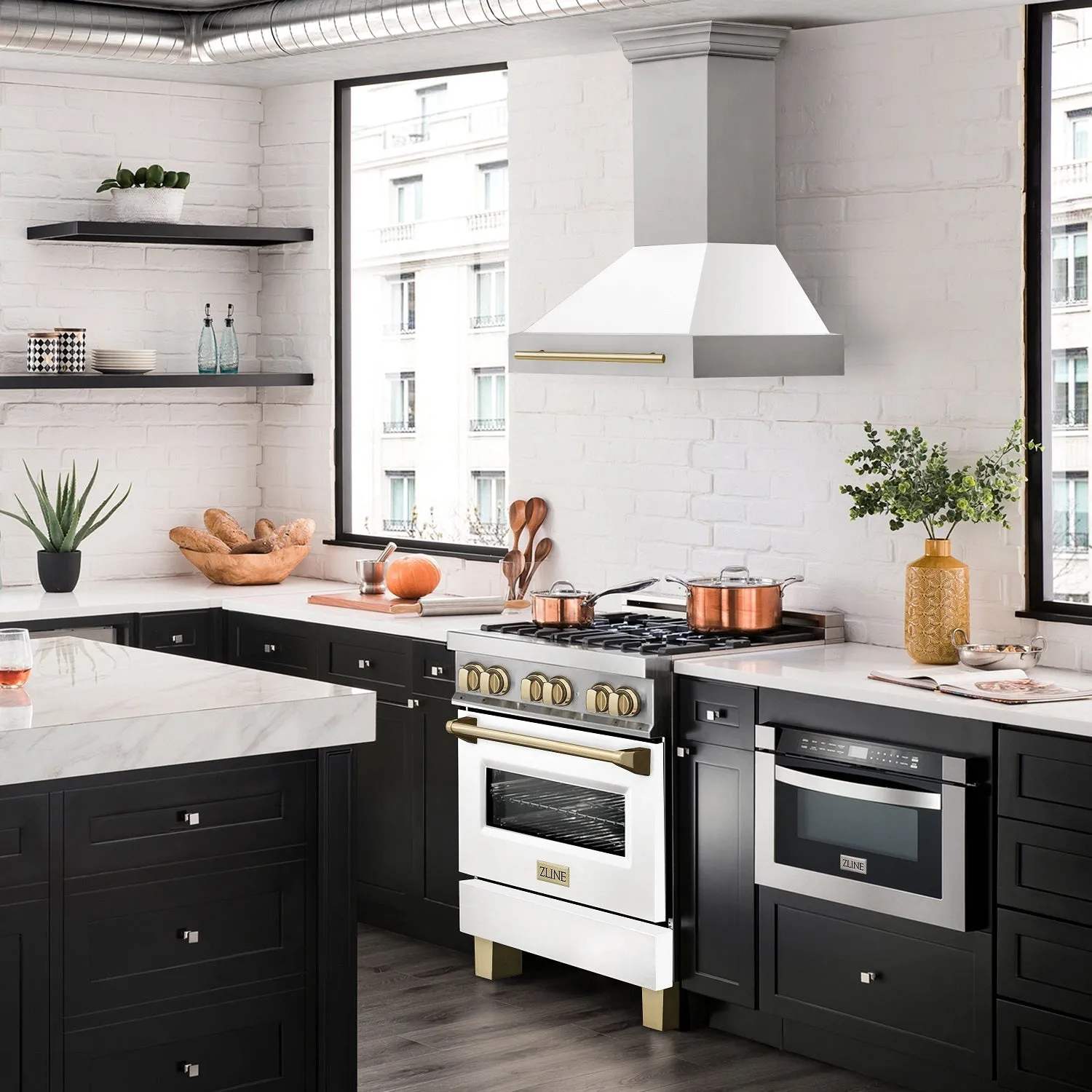 ZLINE 36" Autograph Edition DuraSnow® Stainless Steel Range Hood with White Matte Shell and Champagne Bronze Handle (8654SNZ-WM36-CB)